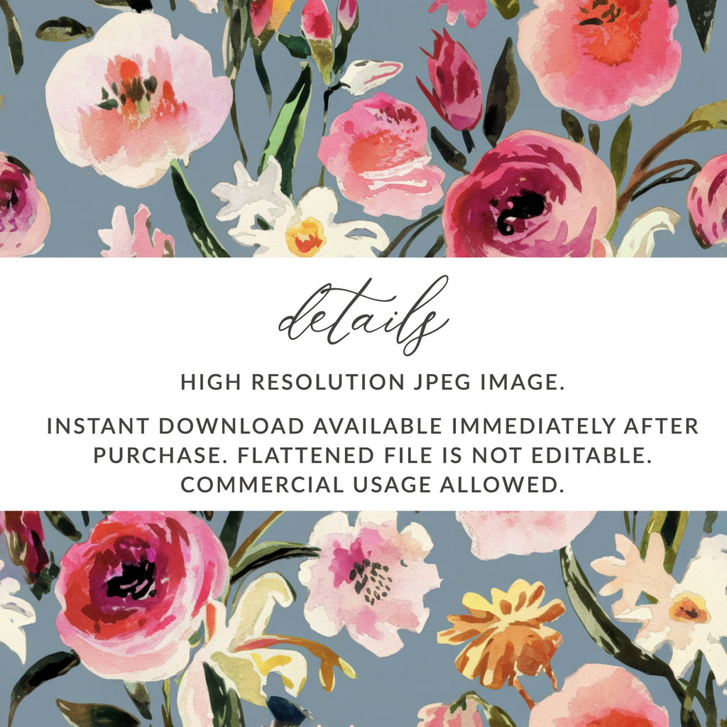 Painted Watercolor Roses Against a Gray Blue Background Digital Seamless Pattern Download - Moore and Mountain
