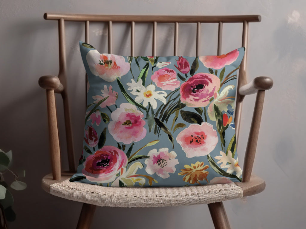 Painted Watercolor Roses Against a Gray Blue Background Digital Seamless Pattern Download - Moore and Mountain