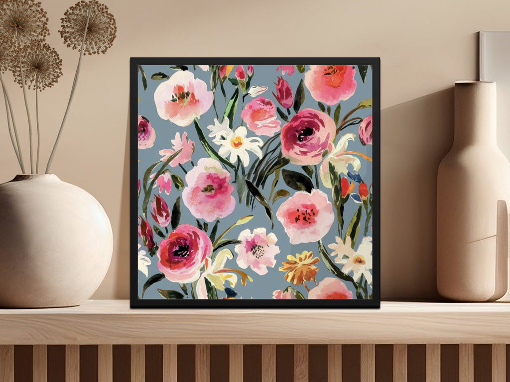 Painted Watercolor Roses Against a Gray Blue Background Digital Seamless Pattern Download - Moore and Mountain