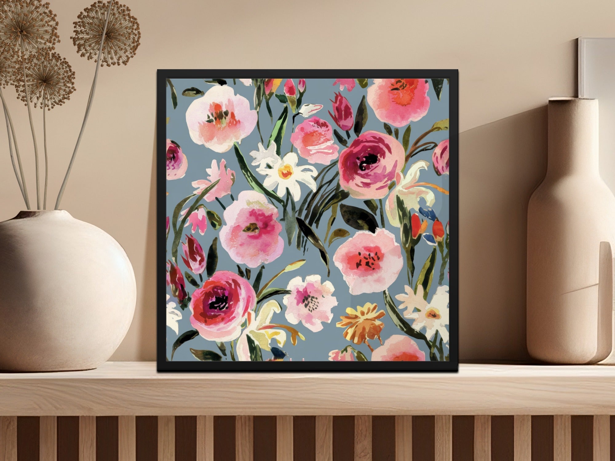 Painted Watercolor Roses Against a Gray Blue Background Digital Seamless Pattern Download - Moore and Mountain