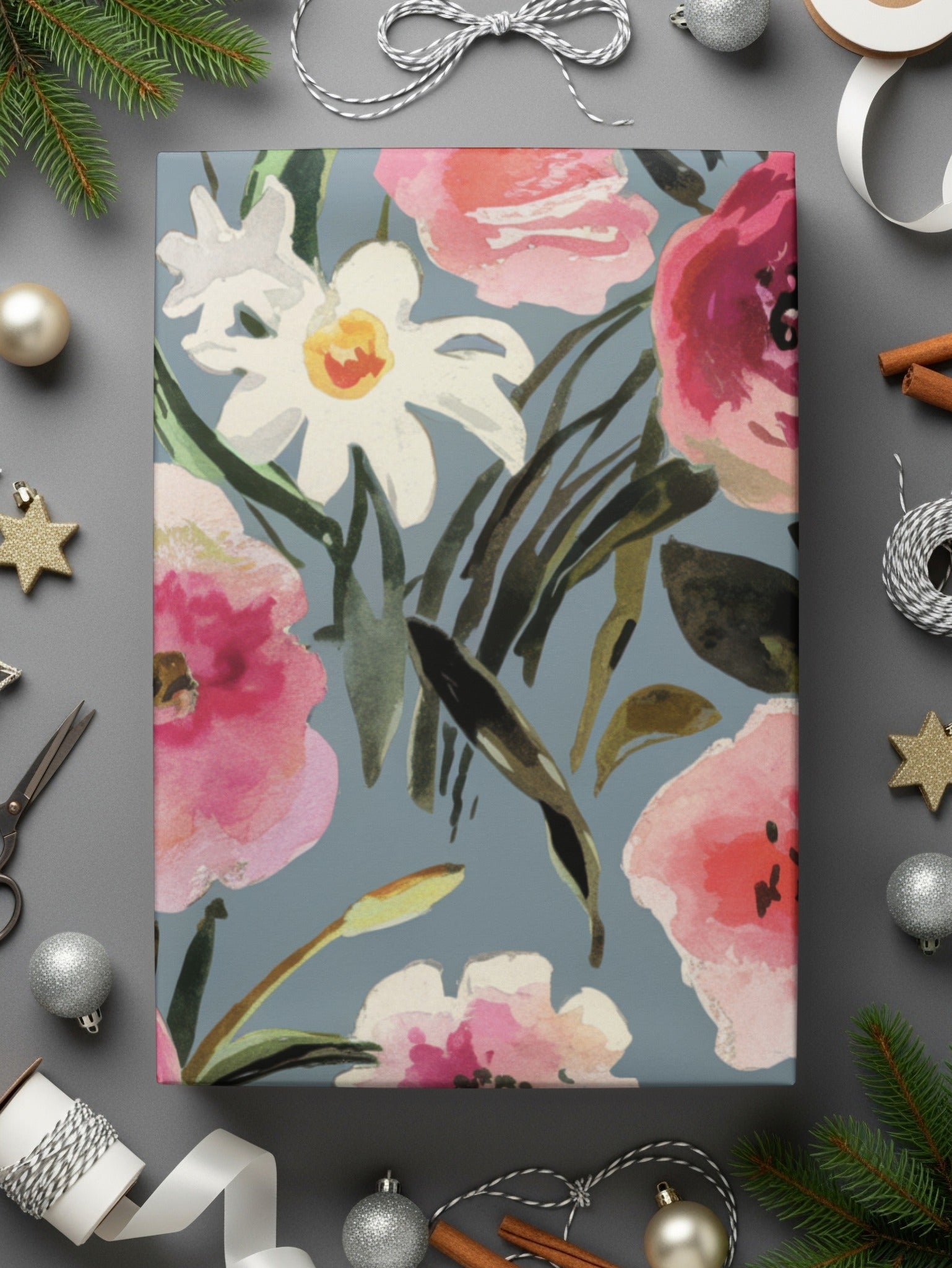 Painted Watercolor Roses Against a Gray Blue Background Digital Seamless Pattern Download - Moore and Mountain