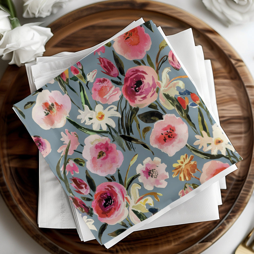 Painted Watercolor Roses Against a Gray Blue Background Digital Seamless Pattern Download - Moore and Mountain