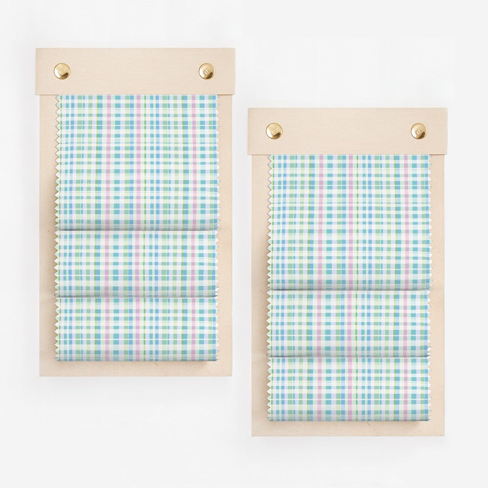 Pastel Check Pattern Window Blinds with Gold Accents