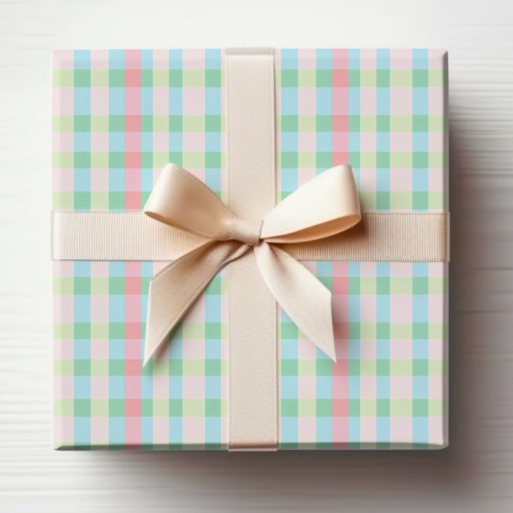 Pastel Checkered Gift Box with Cream Ribbon Design
