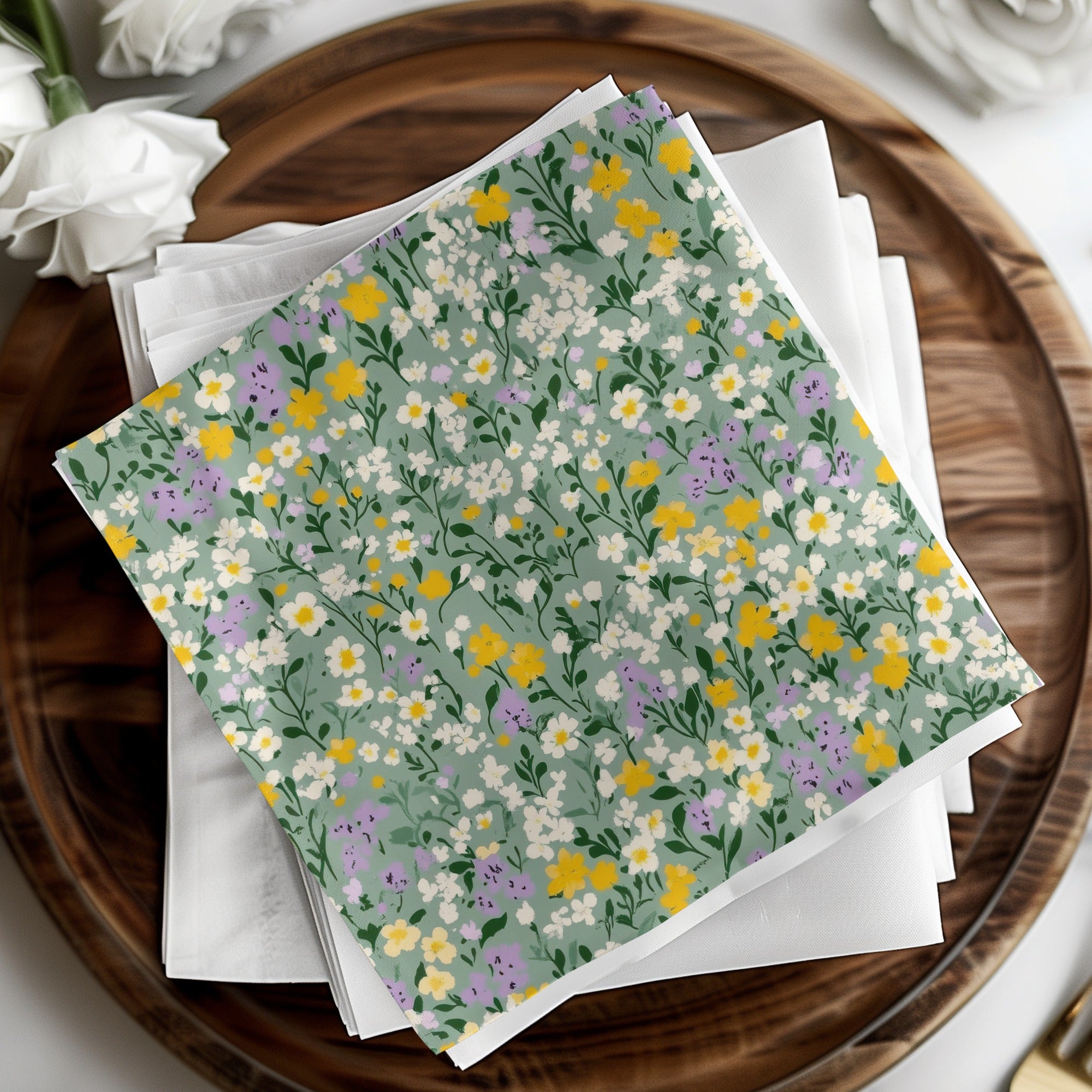 Floral Napkins with Yellow Purple and White Flowers