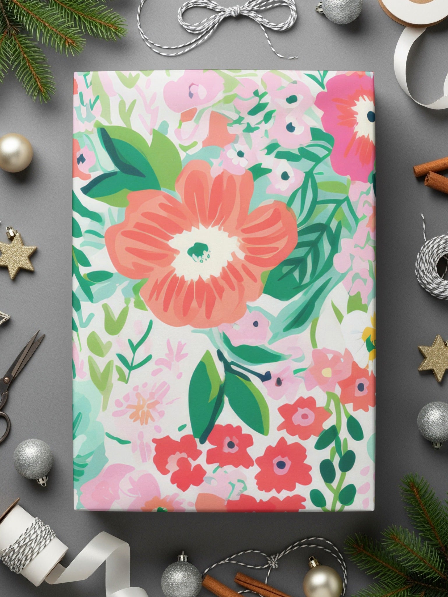Festive Floral Wrapping Paper for Holiday Gifts