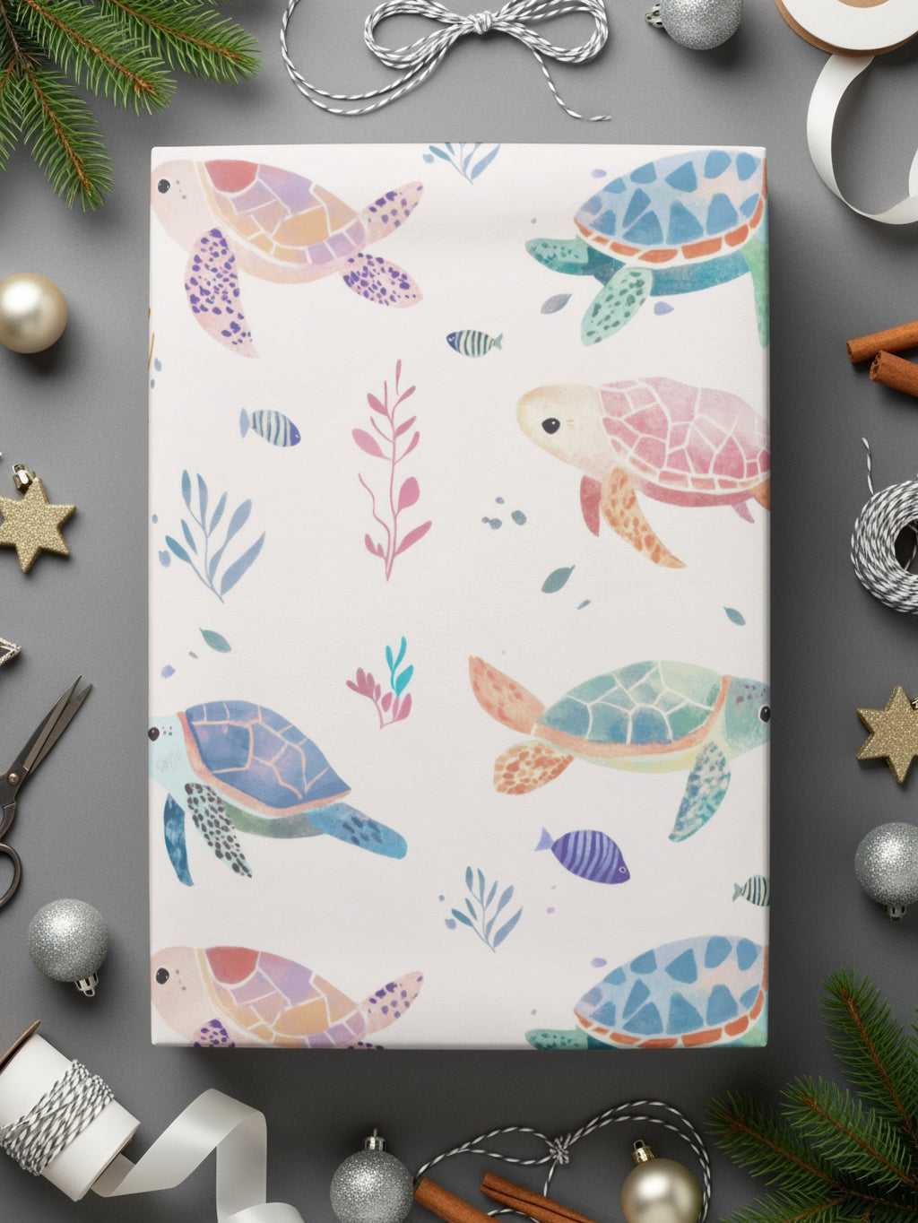 Colorful Sea Turtles and Fish on Gift Wrap Paper