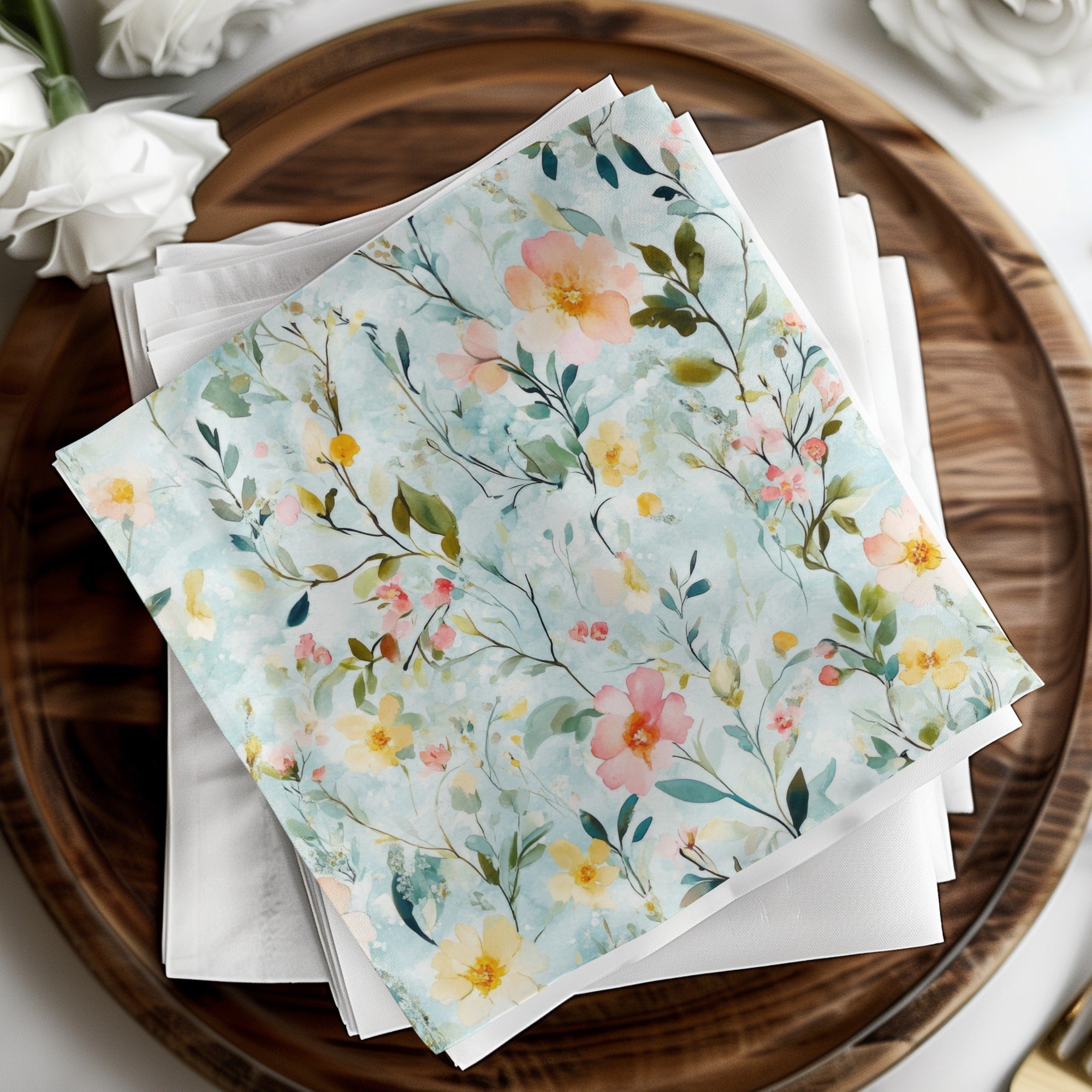 Pastel Watercolor Floral Digital Paper, Blue Spring Flower Pattern, Delicate Peach Yellow Bloom Art Print, Seamless Texture, Printable - Moore and Mountain