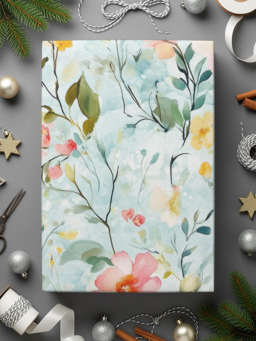 Pastel Watercolor Floral Digital Paper, Blue Spring Flower Pattern, Delicate Peach Yellow Bloom Art Print, Seamless Texture, Printable - Moore and Mountain