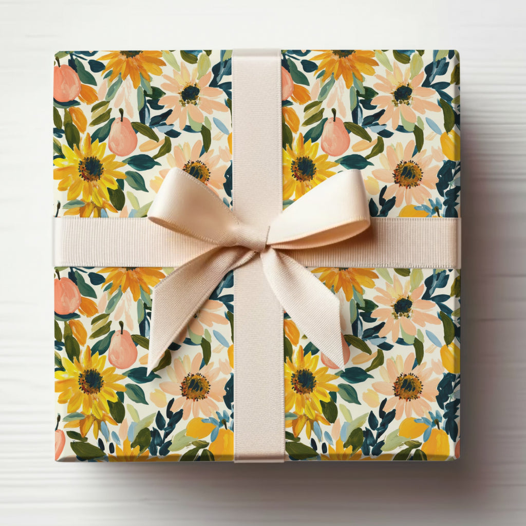 Floral and Pear Pattern Gift Wrap with Beige Ribbon