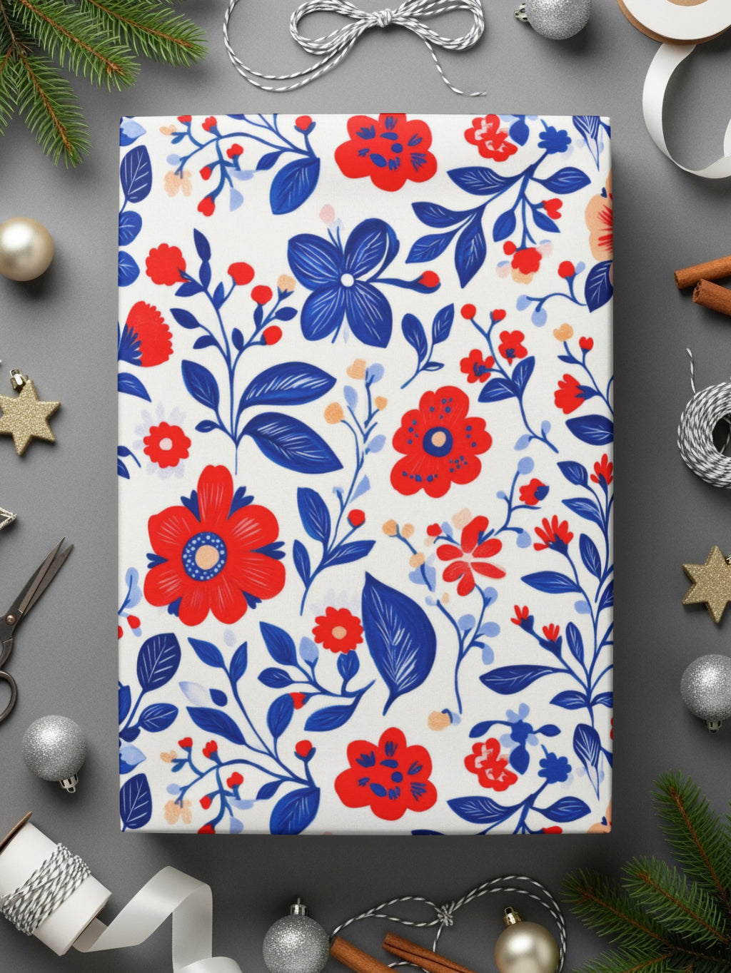 Festive Floral Holiday Gift Wrap with Red and Blue Flowers