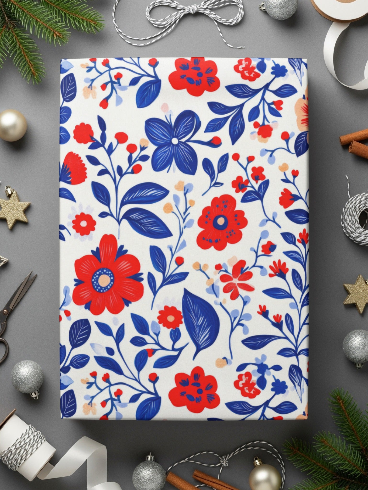 Festive Floral Holiday Gift Wrap with Red and Blue Flowers