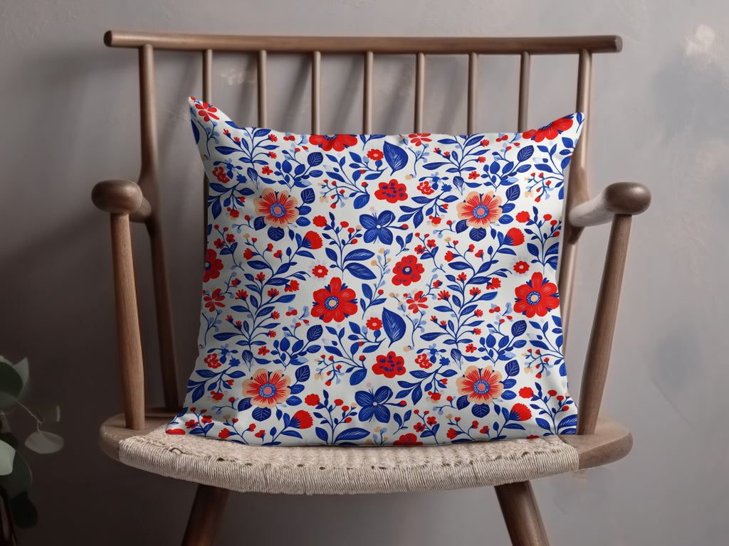 Vibrant Red And Blue Floral Decorative Pillow Cover