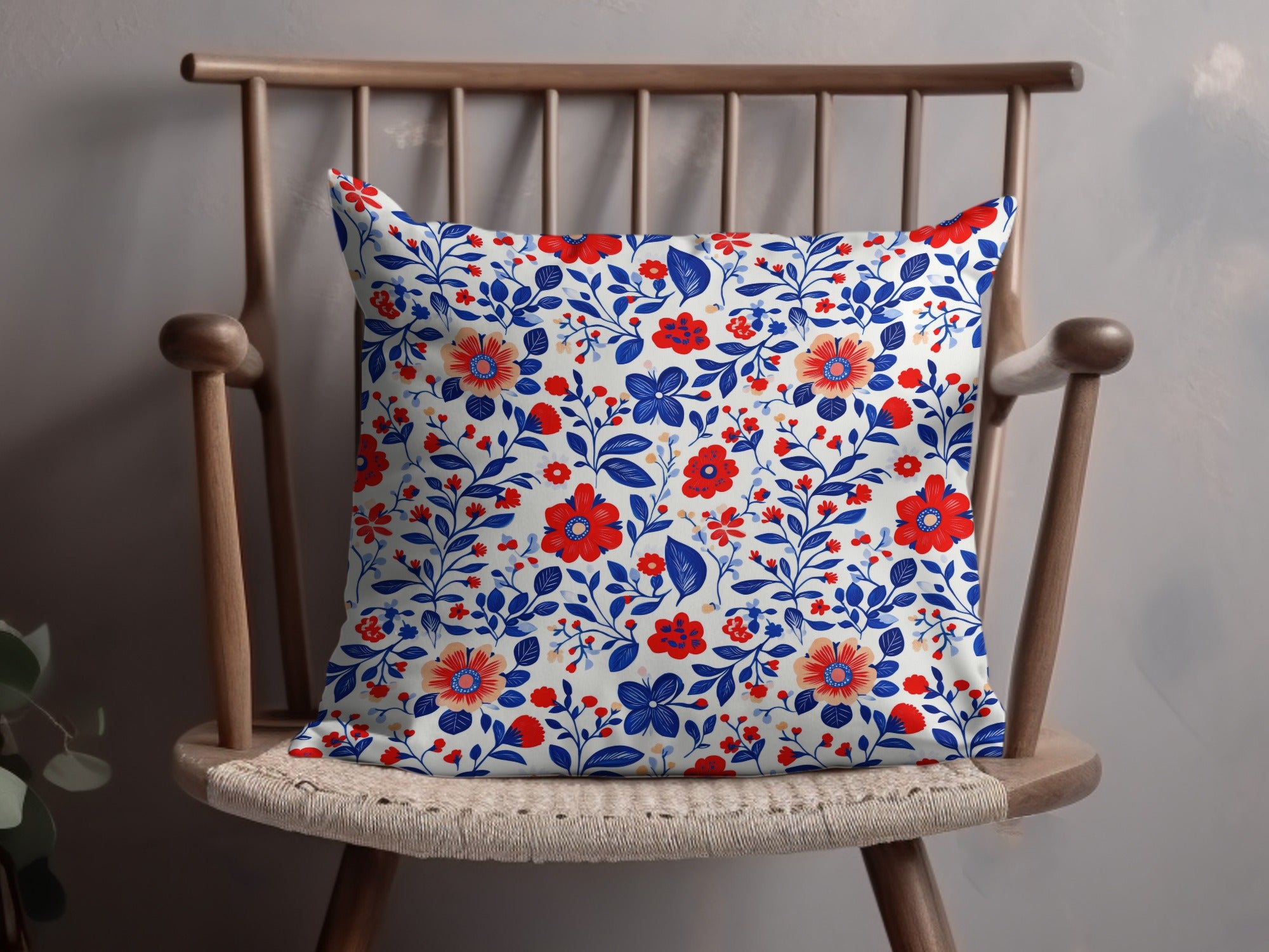 Vibrant Red And Blue Floral Decorative Pillow Cover