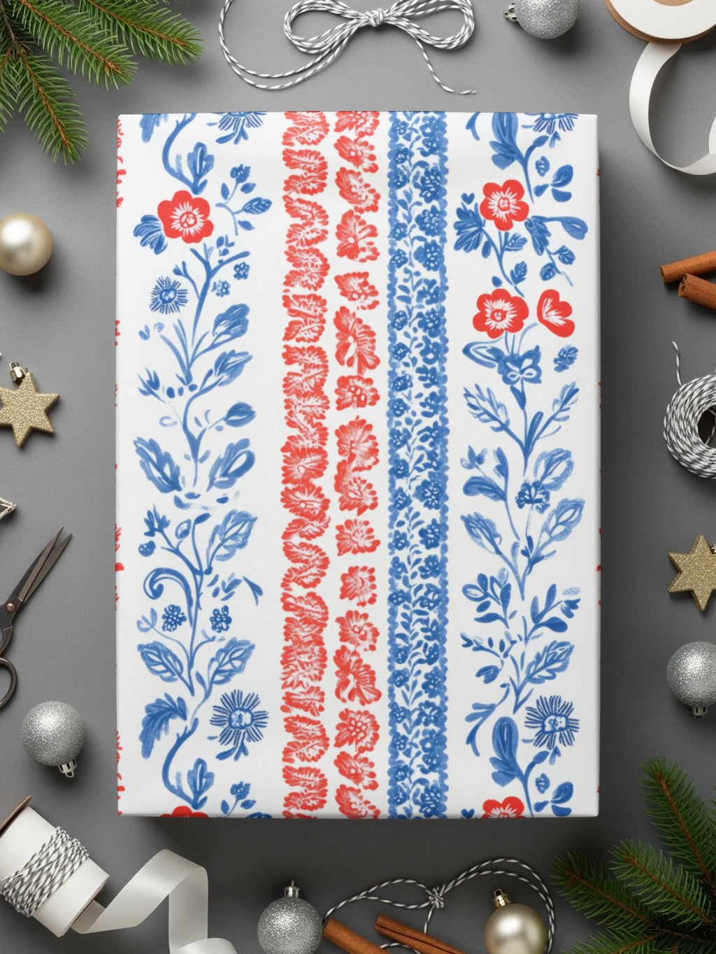 Festive Floral and Red Blue Ribbon Wrapping Paper