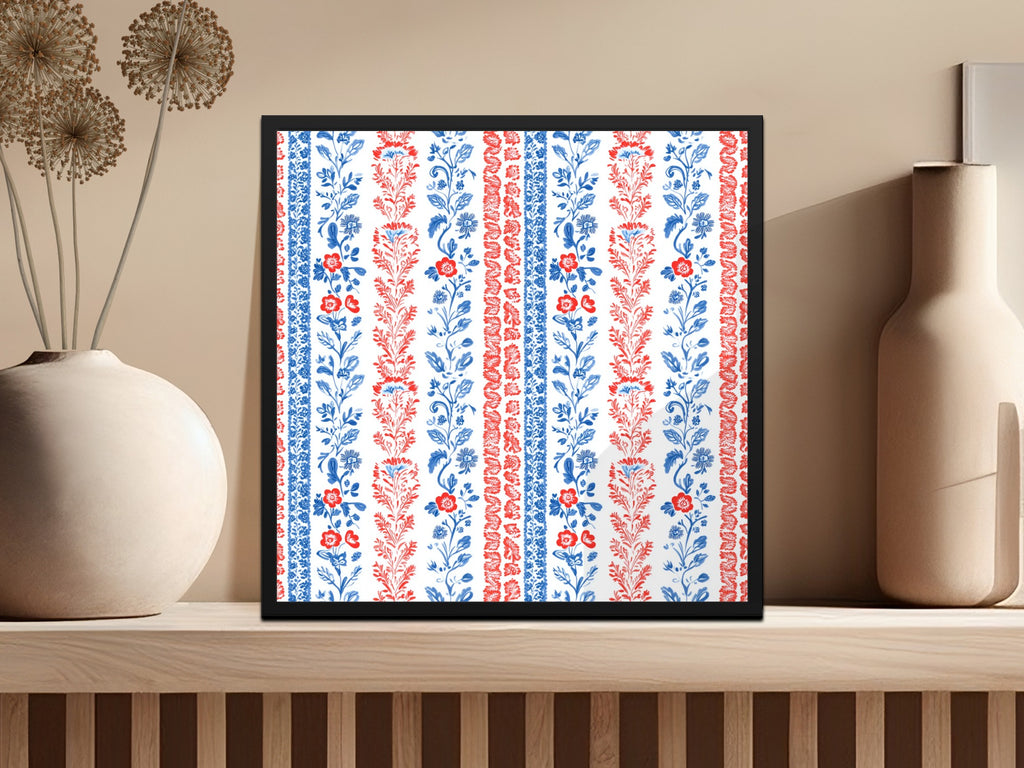 Floral Red and Blue Striped Patterned Wall Art Decor