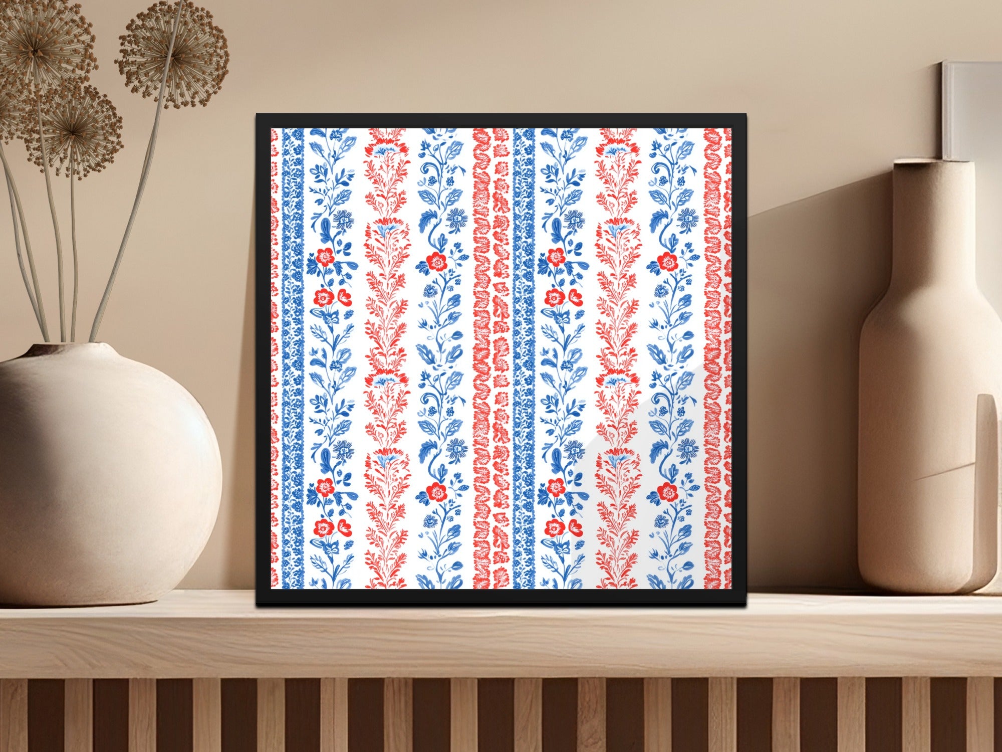 Floral Red and Blue Striped Patterned Wall Art Decor