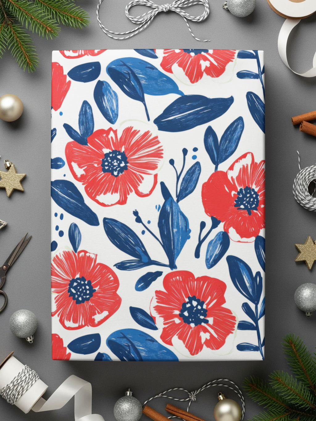 Festive Red and Blue Floral Holiday Wrapping Paper
