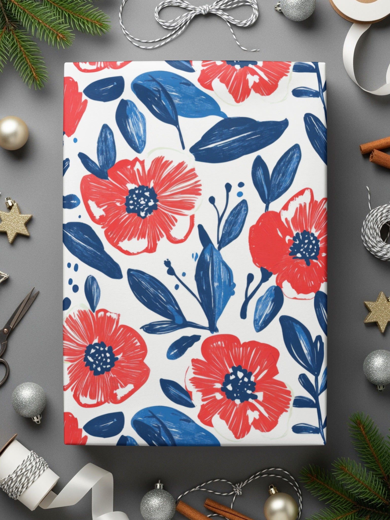 Festive Red and Blue Floral Holiday Wrapping Paper