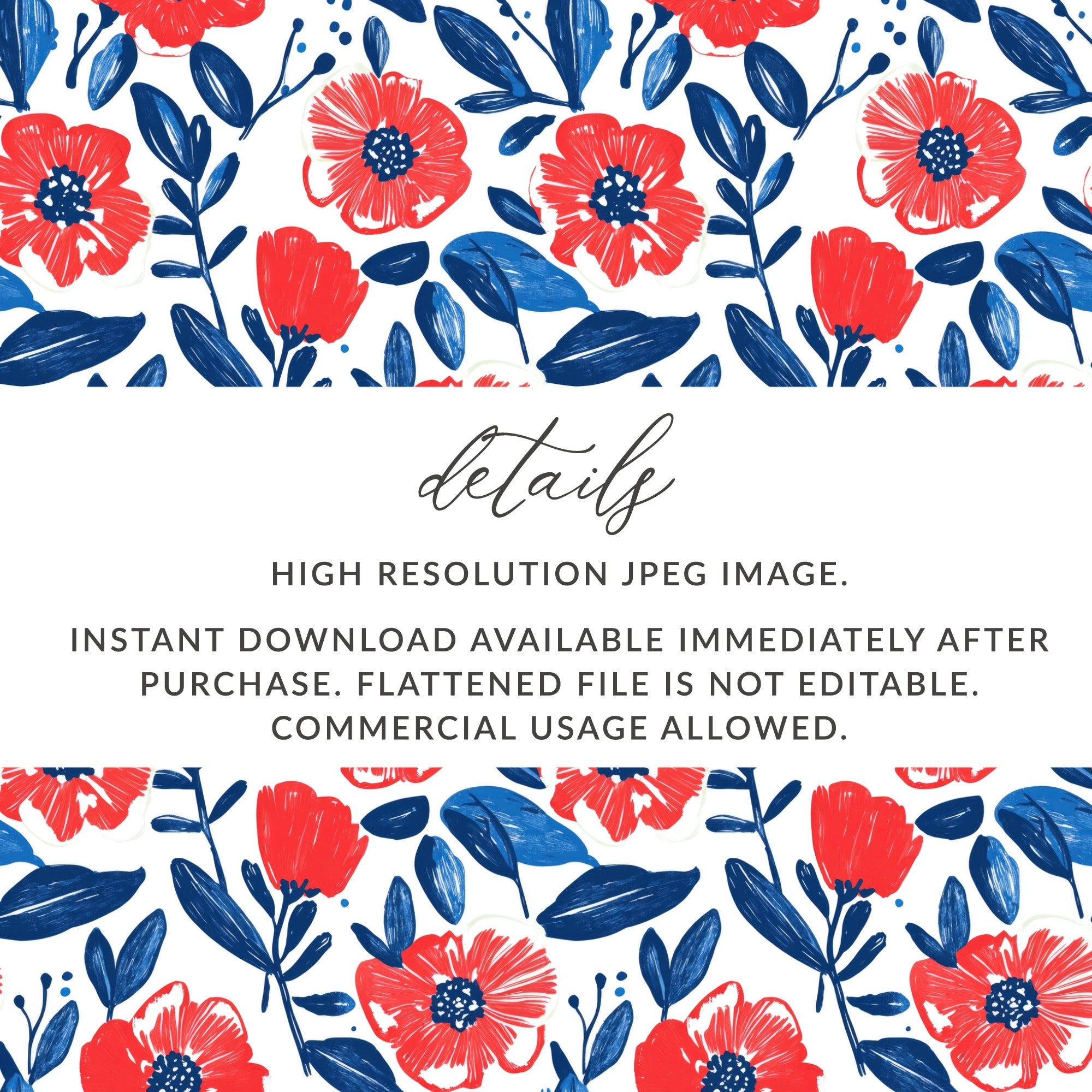 High Resolution Red and Blue Floral Instant Download Image