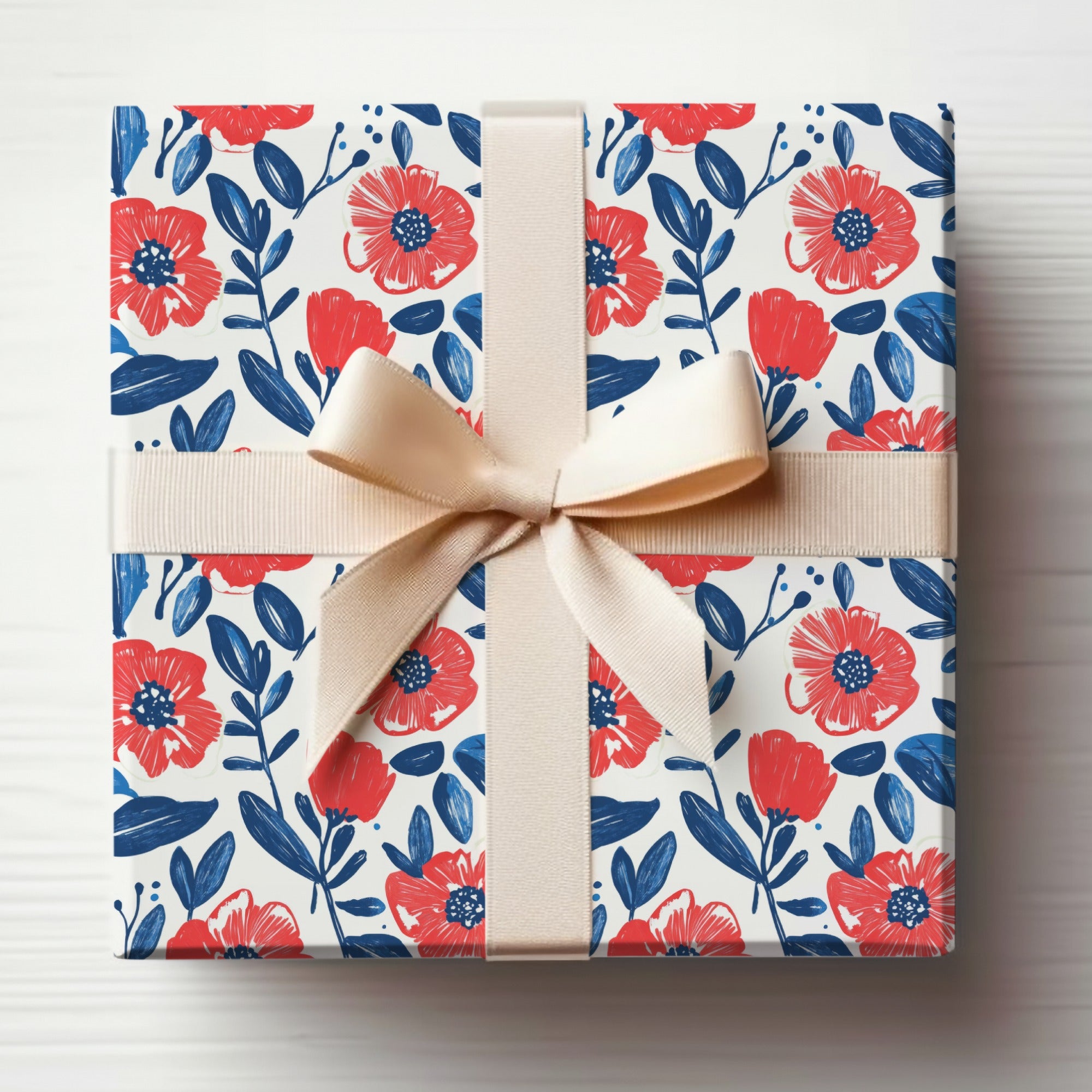 Floral Gift Wrapping with Red and Blue Flowers design