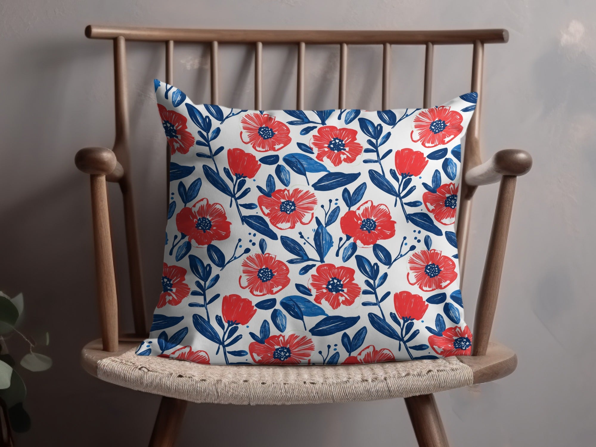 Red and Blue Floral Decorative Cushion Cover