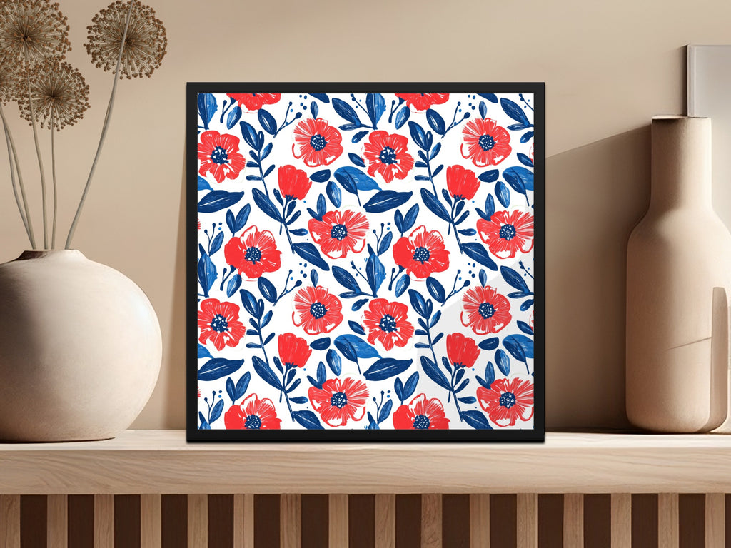 Vibrant Red and Blue Floral Artwork Picture Decor Print
