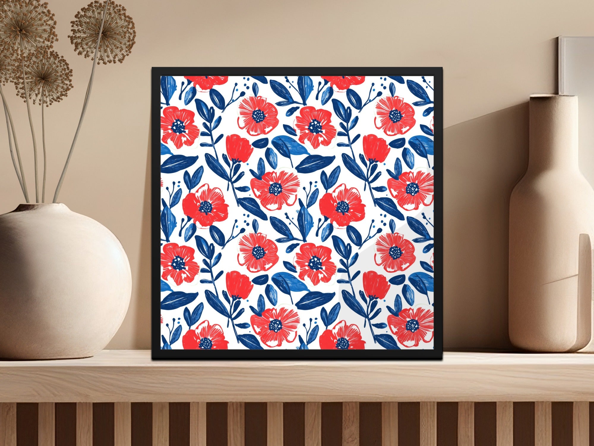 Vibrant Red and Blue Floral Artwork Picture Decor Print