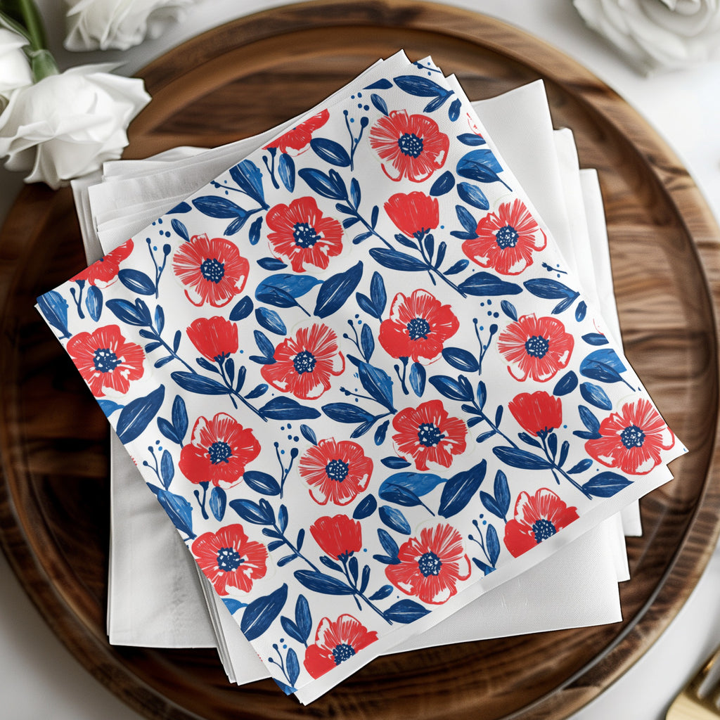 Vibrant Red and Blue Floral Pattern Napkin Set