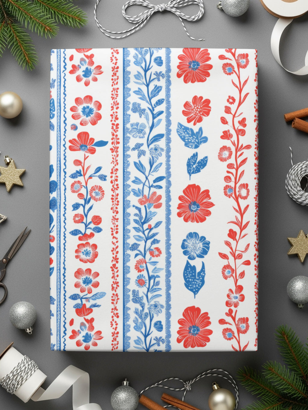 Red and Blue Floral Patterned Wrapping Paper