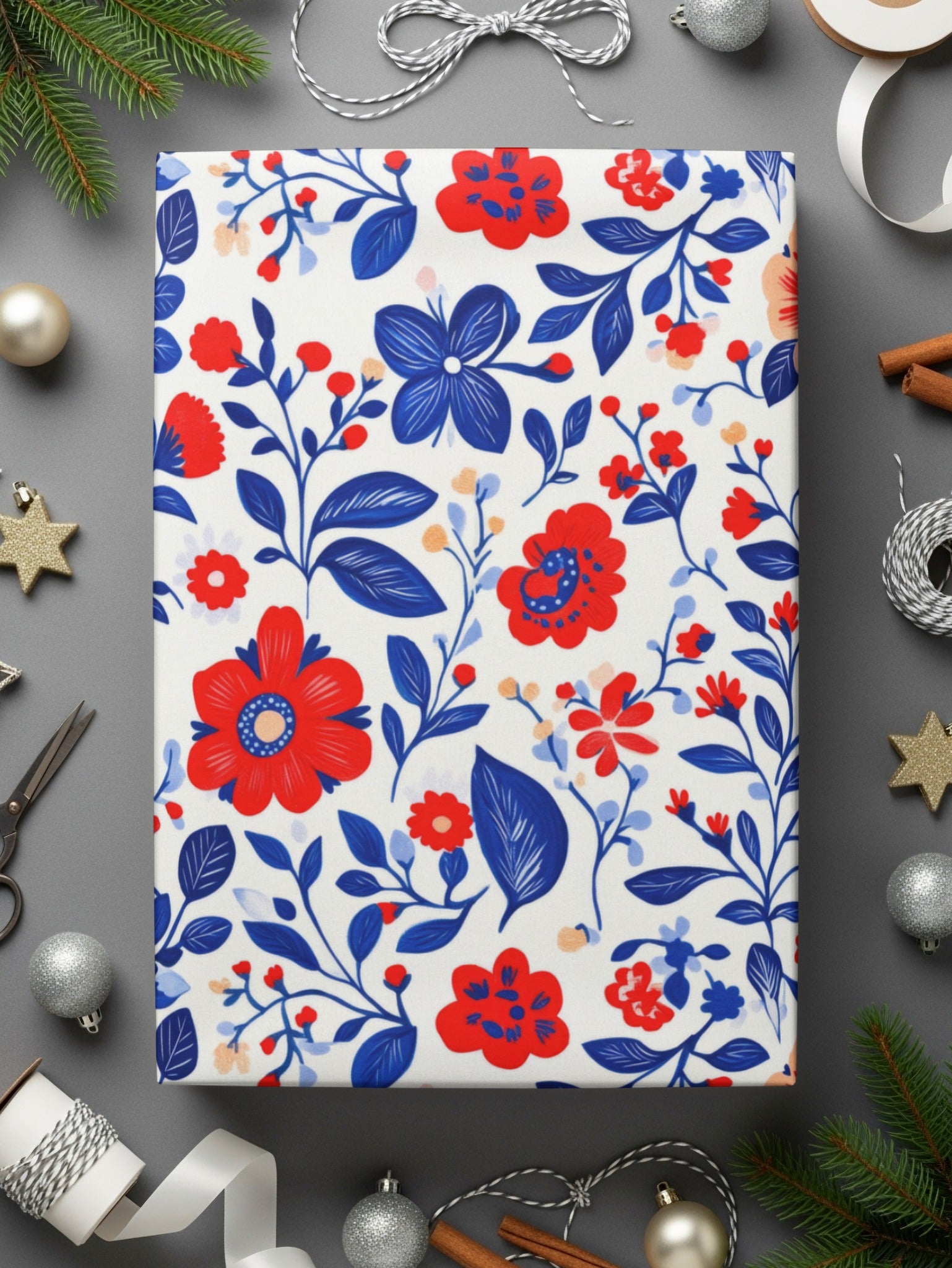 Vibrant Red and Blue Floral Pattern Wrapped Gift Box
