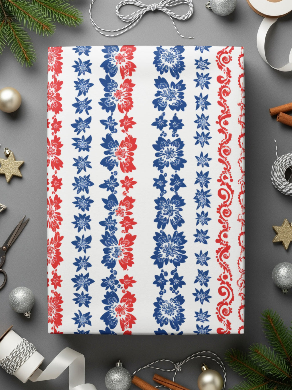 Festive Red and Blue Floral Striped Wrapping Paper