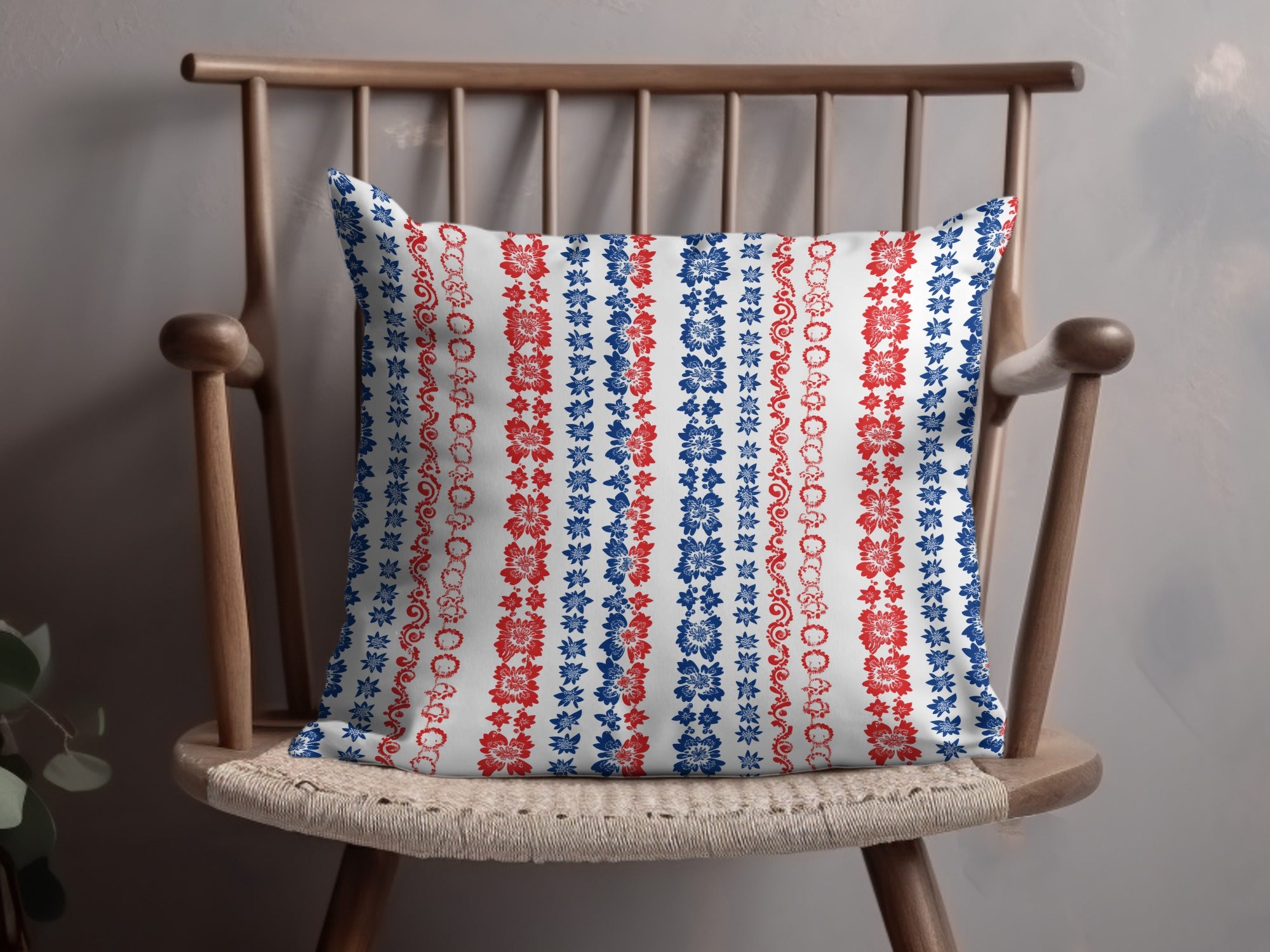 Red and Blue Floral Striped Pattern Cushion Cover