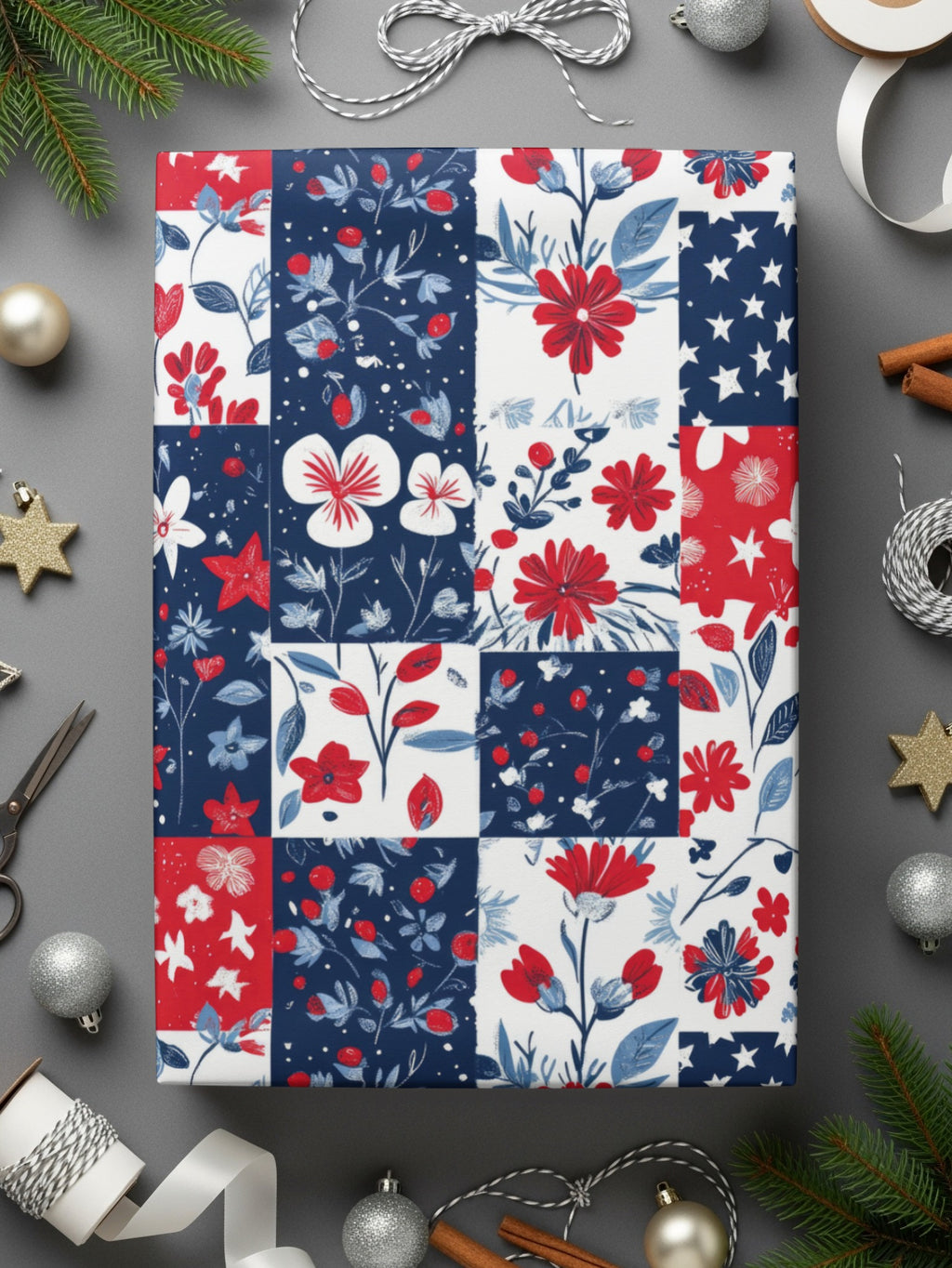 Festive Red White and Blue Floral Star Pattern Wrap