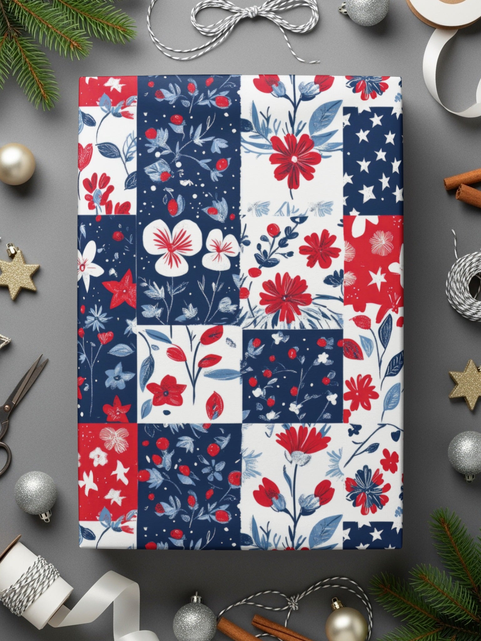 Festive Red White and Blue Floral Star Pattern Wrap