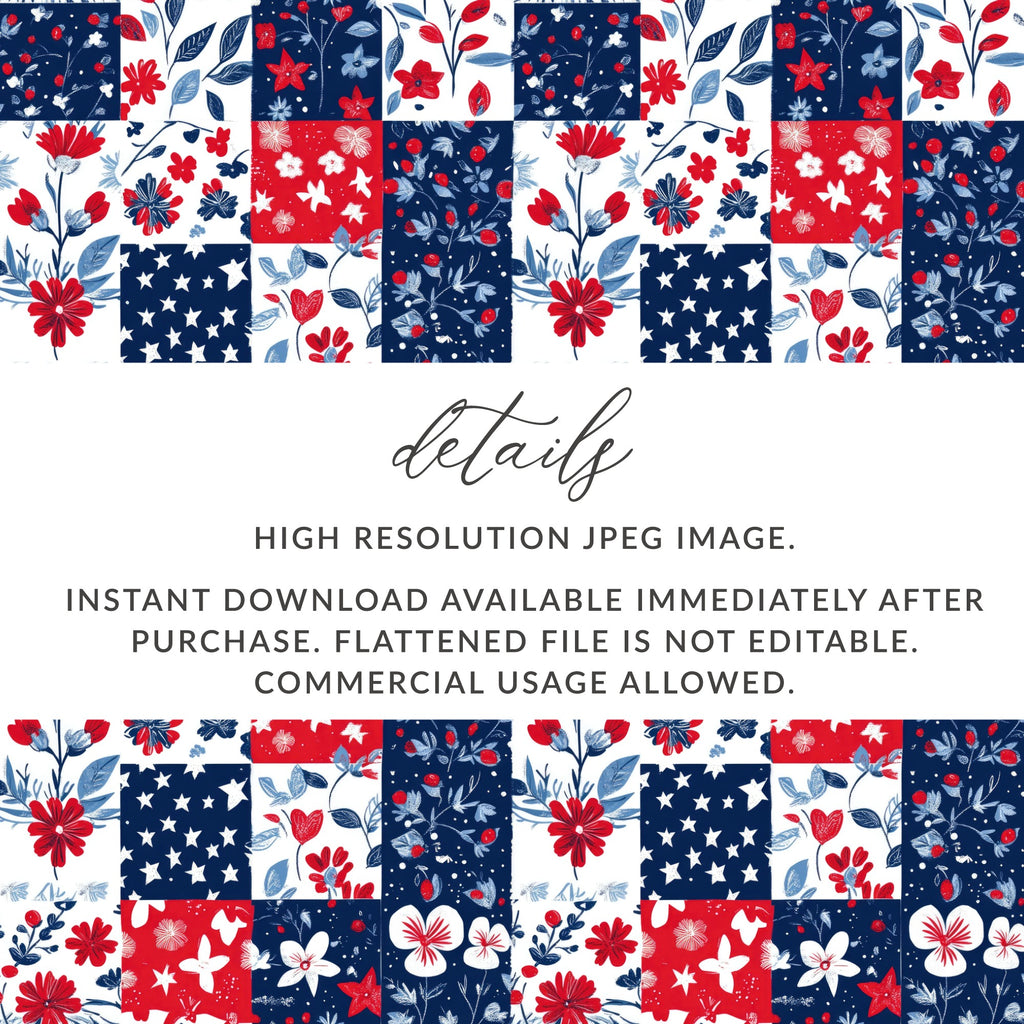 Red White and Blue Floral and Stars Digital Download