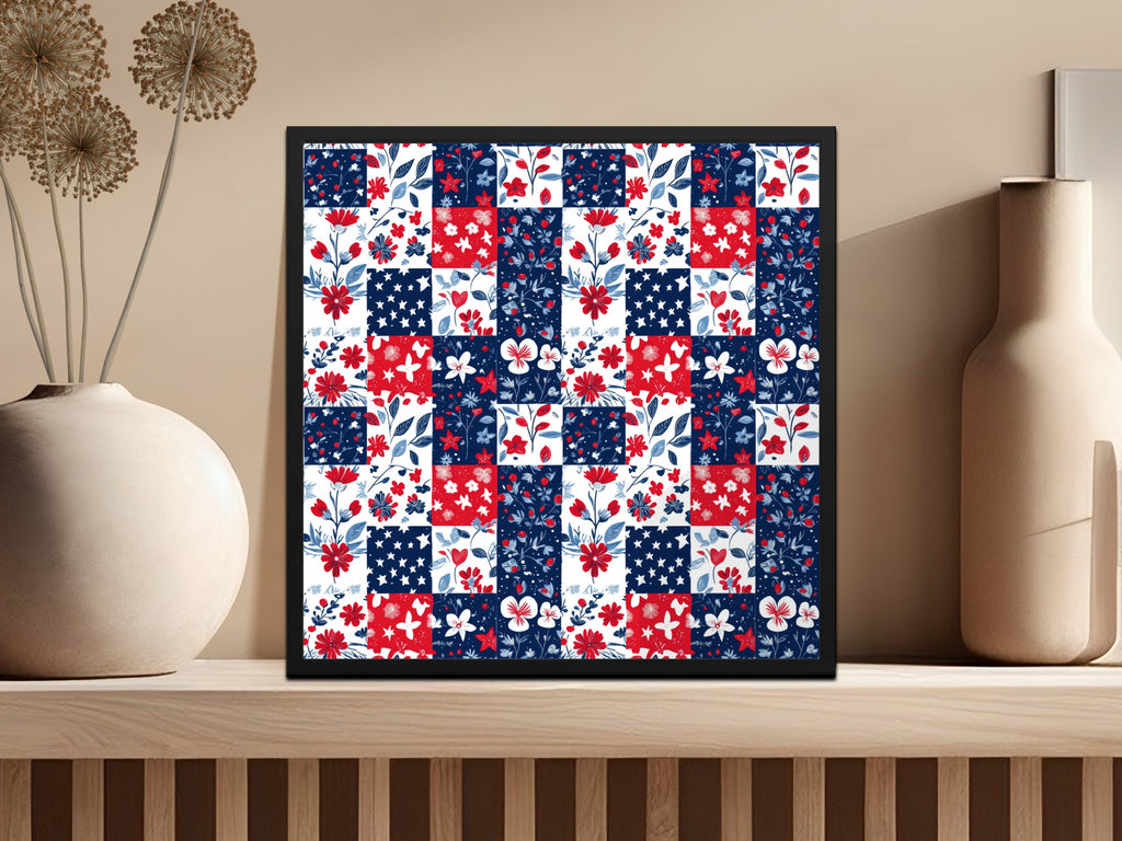 Patriotic Floral and Stars Patchwork Art Print Decor