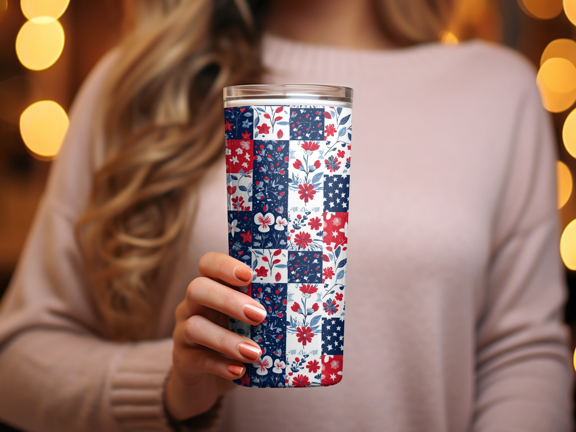 Patriotic Floral Patchwork Pattern Insulated Tumbler Cup