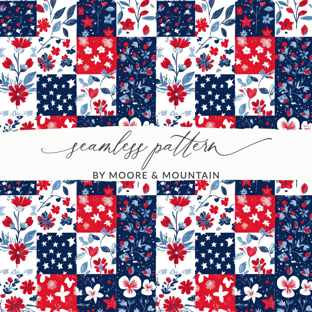 Red White Blue Floral Patchwork Stars Seamless Pattern