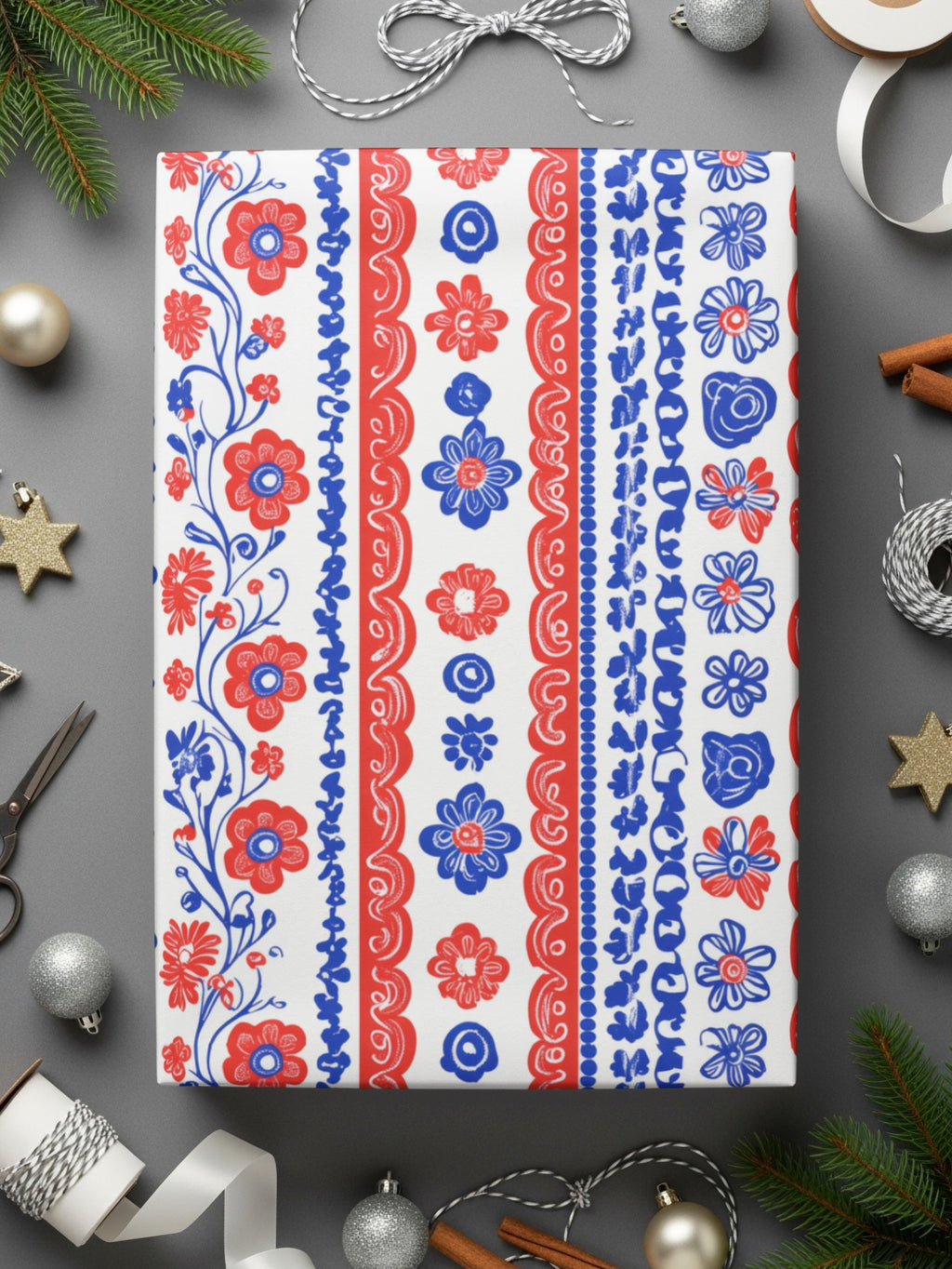 Festive Red and Blue Floral Pattern Wrapping Paper