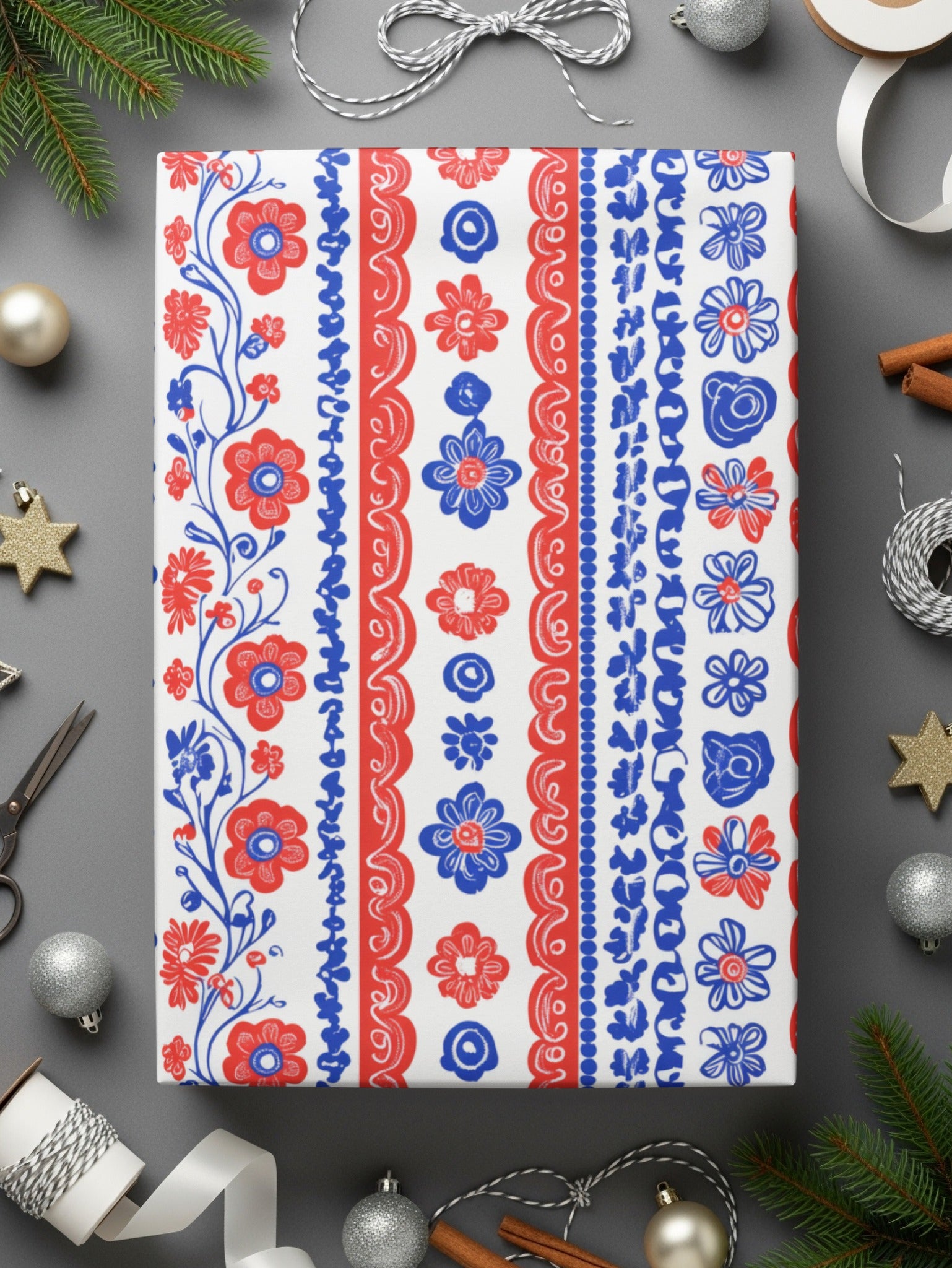 Festive Red and Blue Floral Pattern Wrapping Paper