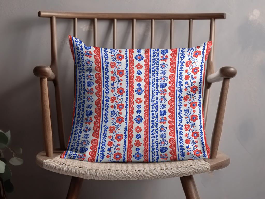 Vibrant Red and Blue Floral Striped Cushion Cover