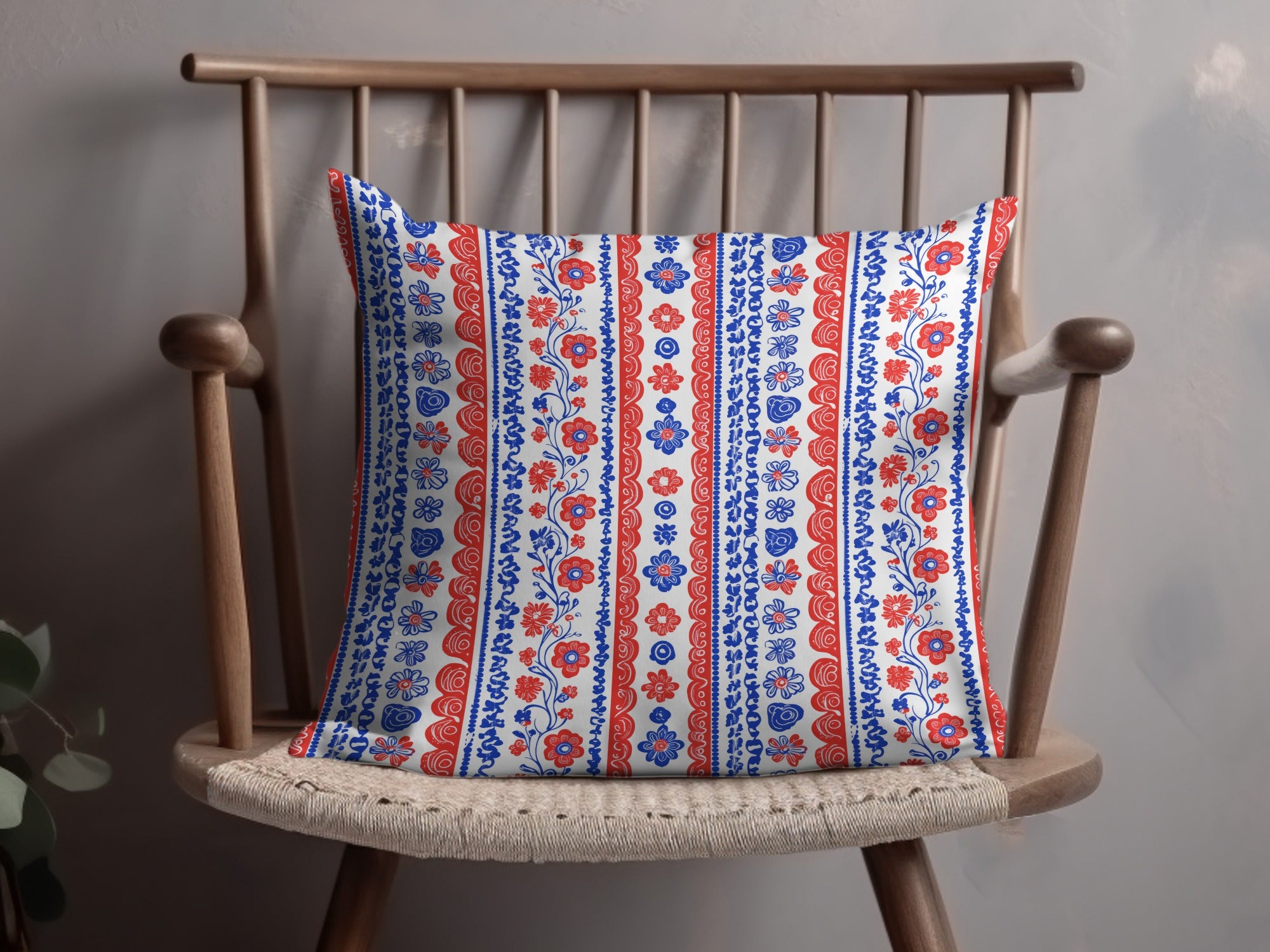 Vibrant Red and Blue Floral Striped Cushion Cover
