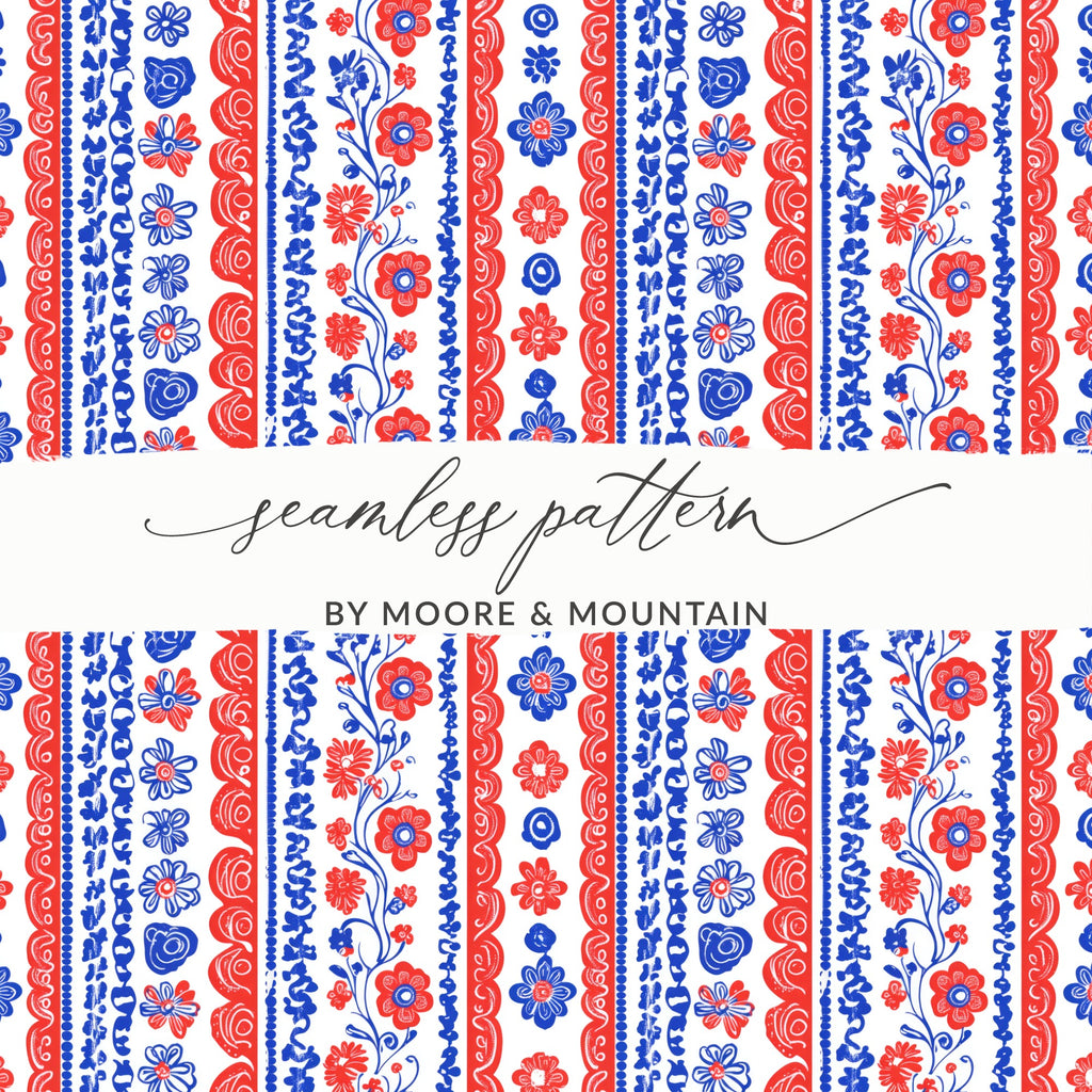 Vibrant Red and Blue Floral Seamless Pattern Design