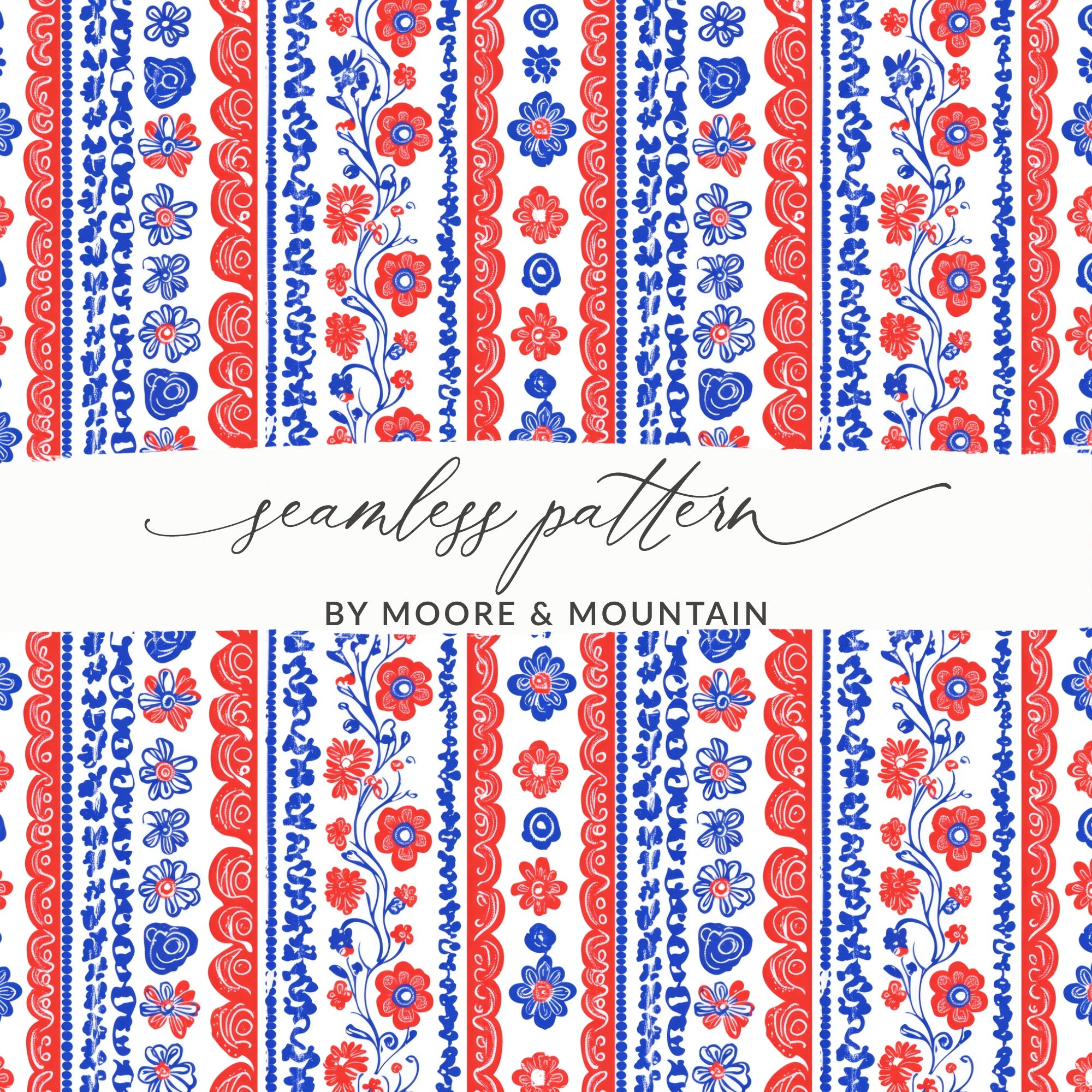 Vibrant Red and Blue Floral Seamless Pattern Design