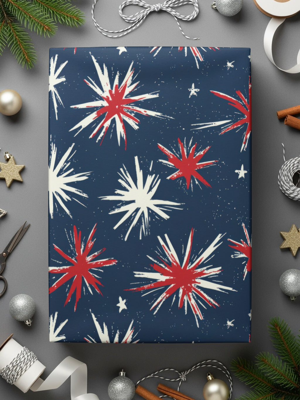 Festive Navy and Red Starburst Holiday Wrapping Paper