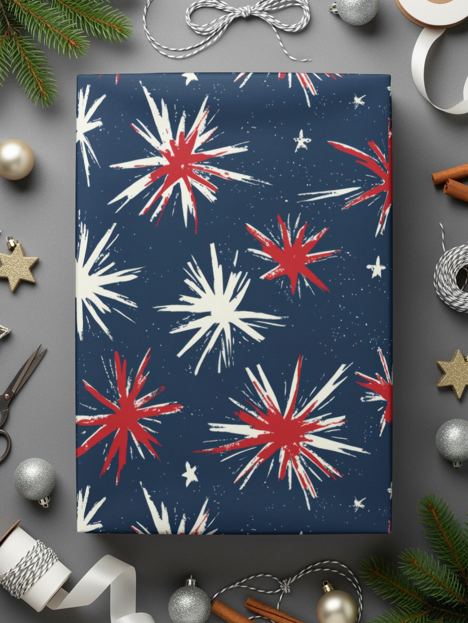 Festive Navy and Red Starburst Holiday Wrapping Paper