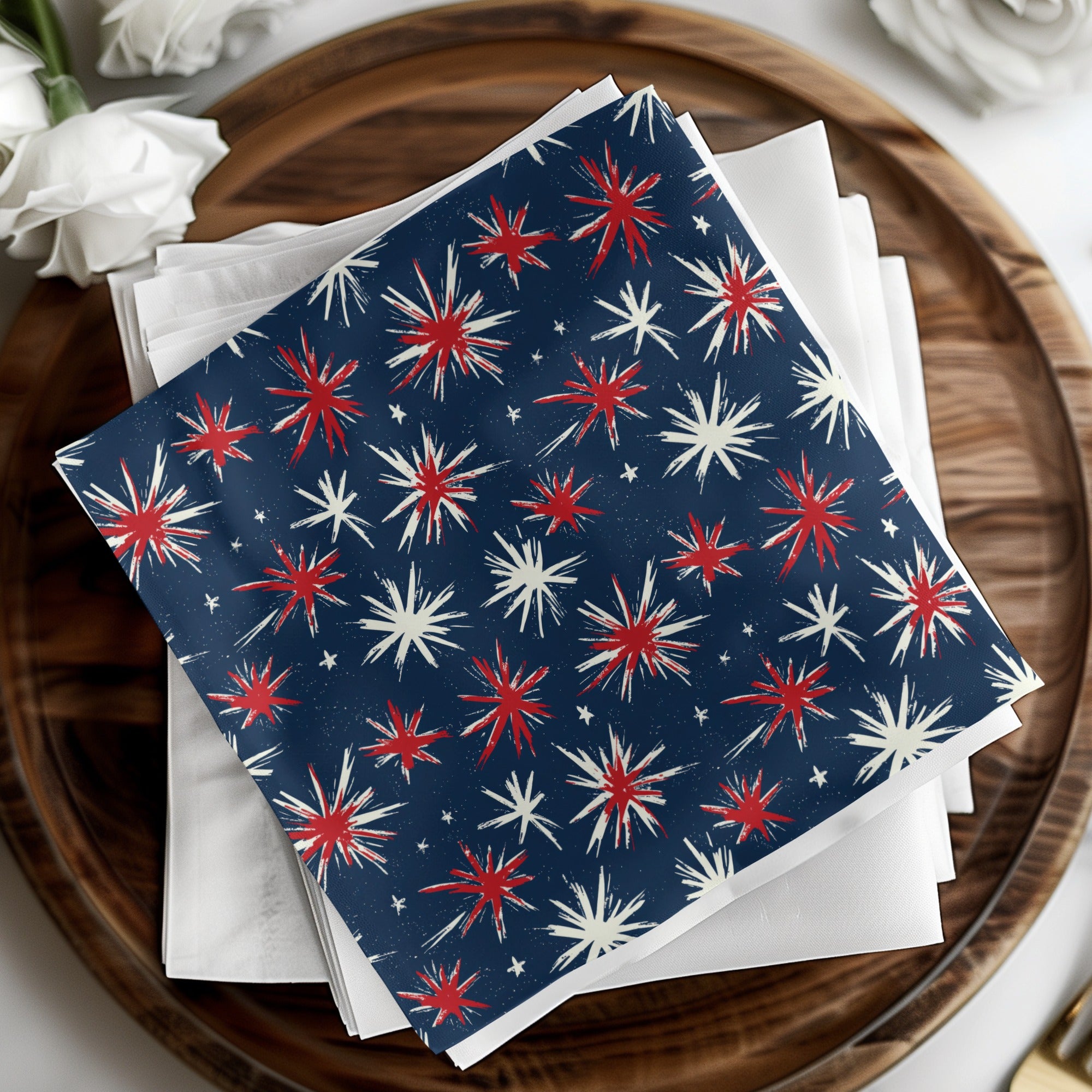 Red and White Stars on Blue Background Fabric Product
