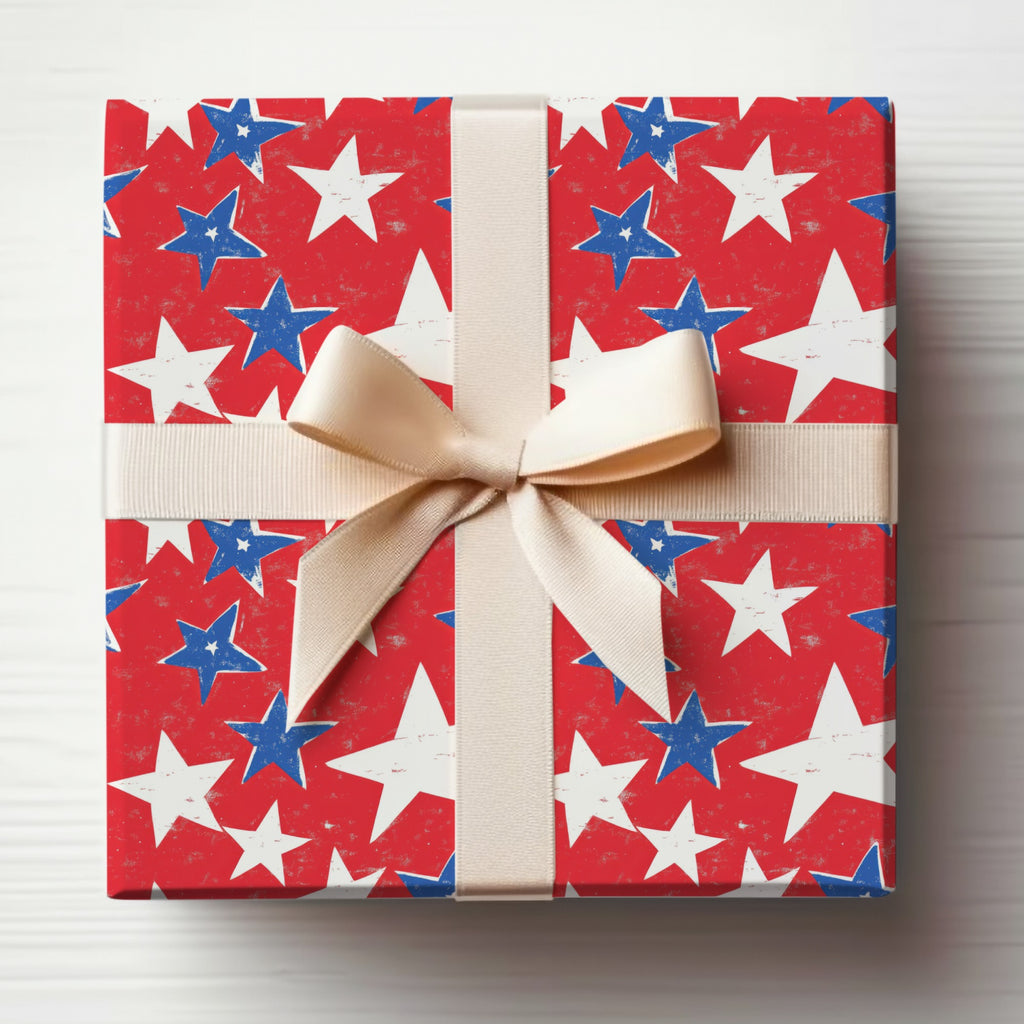 Red White and Blue Stars Gift Wrap with Ribbon