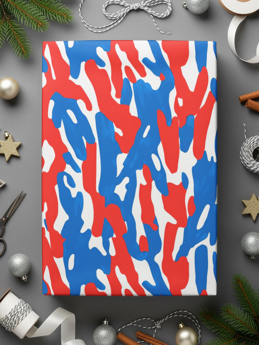 Red Blue White Camouflage Design Festive Wrapping Paper